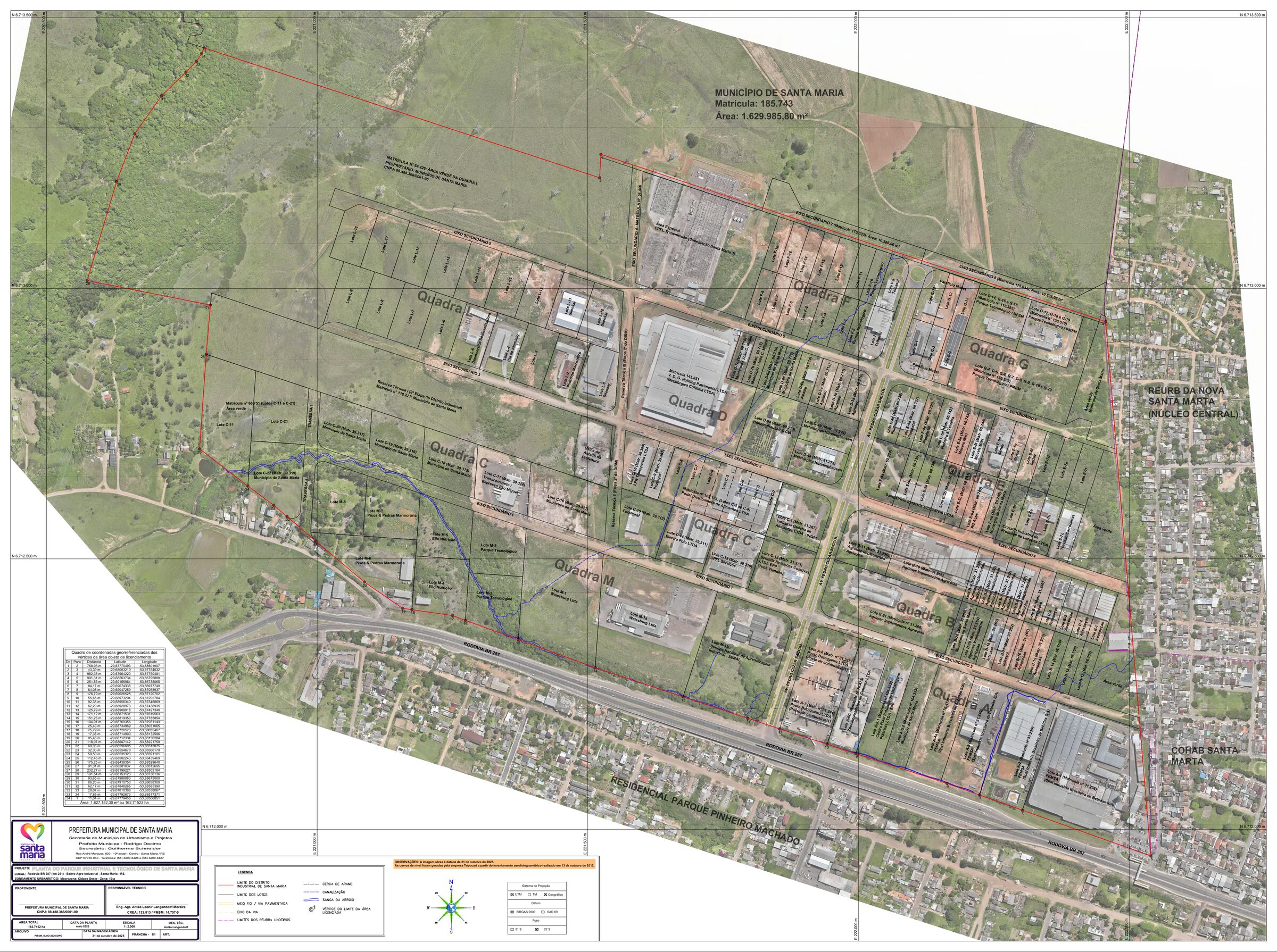 Planta do Parque Industrial e Tecnológico de Santa Maria sobre foto aérea